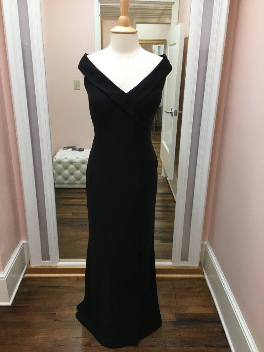 Black Crepe Formal Off Shoulder Evening Gown Bridesmaid Slit B2 Jasmine